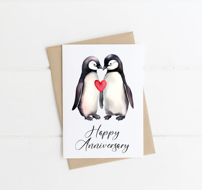 Anniversary card Happy anniversary Penguins animal cute couple one red love heart watercolour anniversary card envelope,kraft brown or white