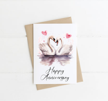 Anniversary card Happy anniversary Swans animal cute couple love romantic hearts watercolour anniversary card envelope,kraft brown or white