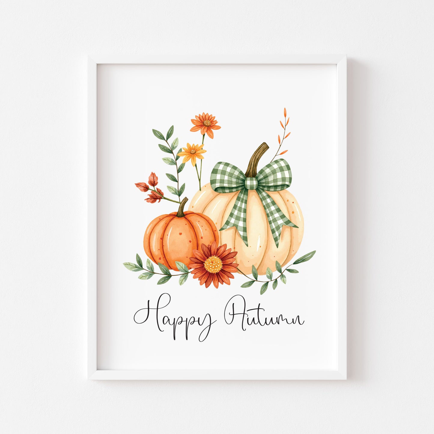 Happy Autumn Print orange cream and green chequered bow pumpkins unframed wall art poster print