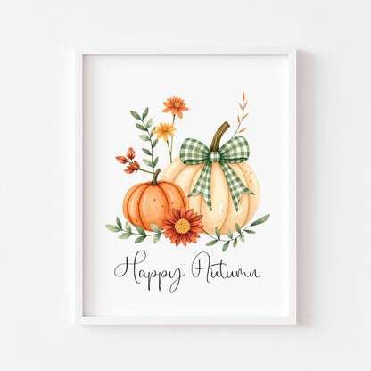 Happy Autumn Print orange cream and green chequered bow pumpkins unframed wall art poster print