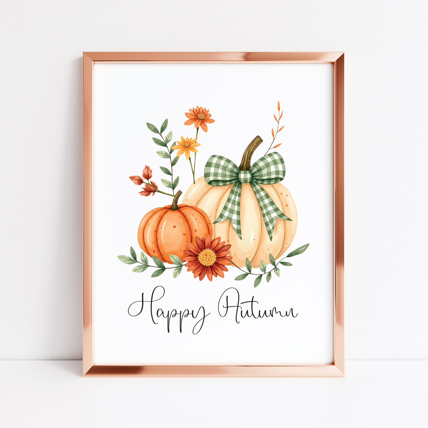Happy Autumn Print orange cream and green chequered bow pumpkins unframed wall art poster print