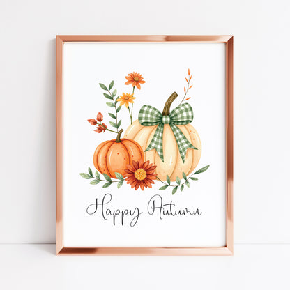 Happy Autumn Print orange cream and green chequered bow pumpkins unframed wall art poster print