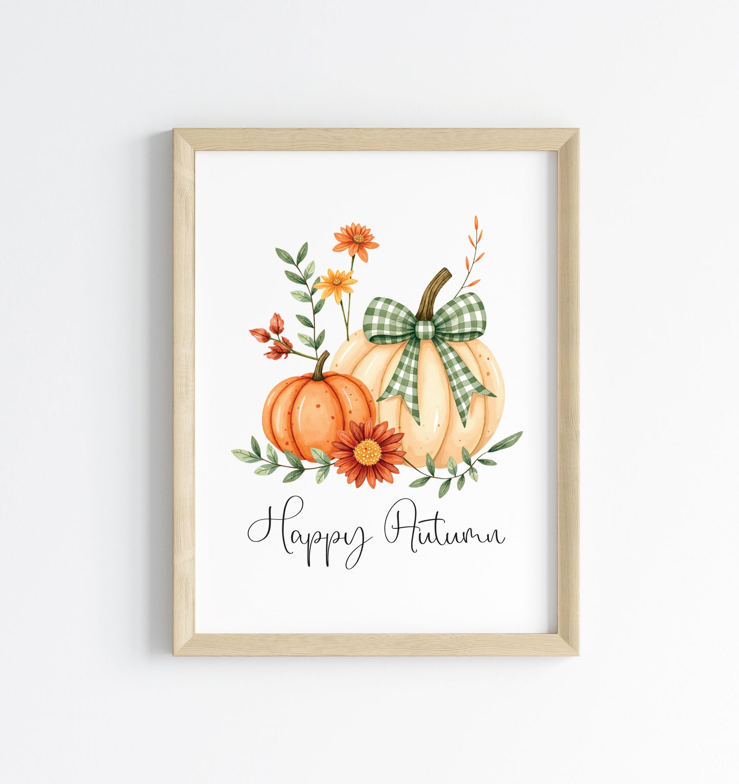 Happy Autumn Print orange cream and green chequered bow pumpkins unframed wall art poster print