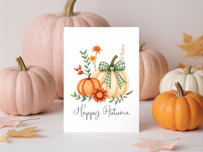 Happy Autumn Print orange cream and green chequered bow pumpkins unframed wall art poster print