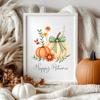 Happy Autumn Print orange cream and green chequered bow pumpkins unframed wall art poster print