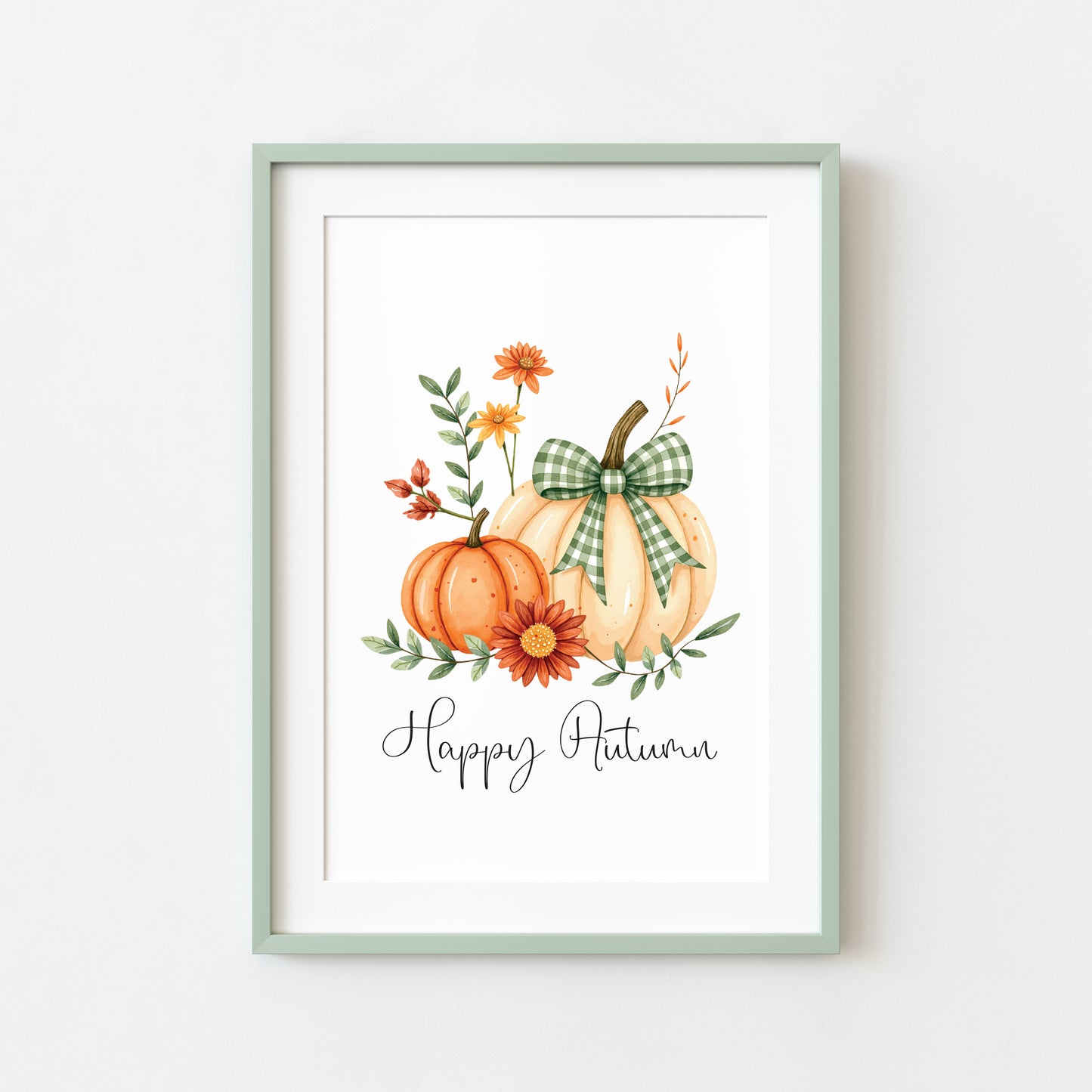 Happy Autumn Print orange cream and green chequered bow pumpkins unframed wall art poster print