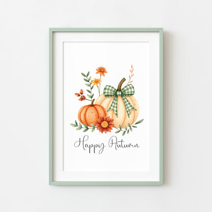 Happy Autumn Print orange cream and green chequered bow pumpkins unframed wall art poster print