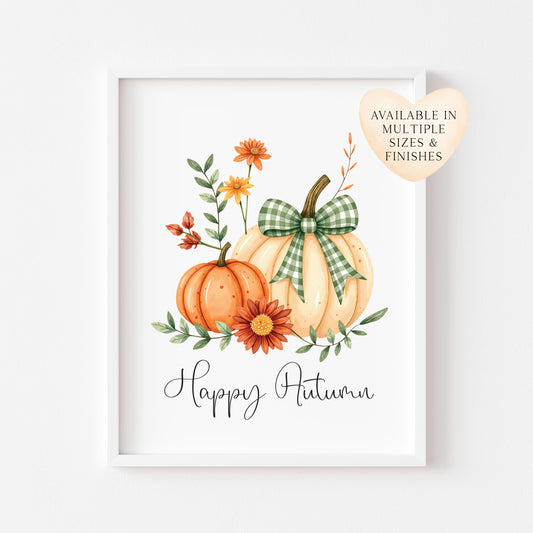 Happy Autumn Print orange cream and green chequered bow pumpkins unframed wall art poster print