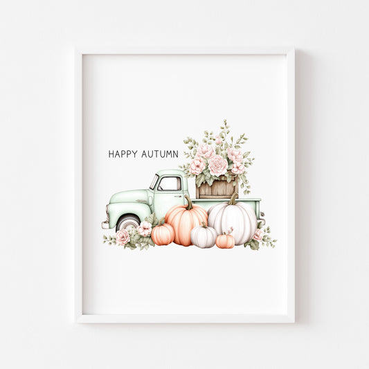 Happy Autumn fall mint truck seasonal floral pumpkins pumpkin truck unframed wall art poster print, autumn home decor autumn decor, fall art
