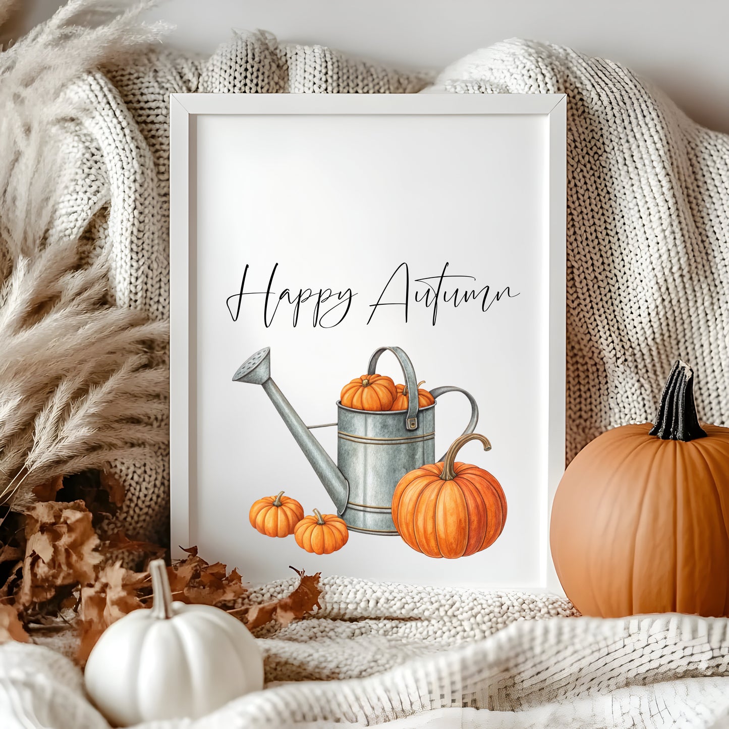 Autumn print, Happy Autumn Orange Pumpkins watercolour unframed wall art poster