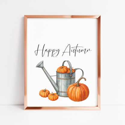Autumn print, Happy Autumn Orange Pumpkins watercolour unframed wall art poster