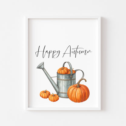 Autumn print, Happy Autumn Orange Pumpkins watercolour unframed wall art poster
