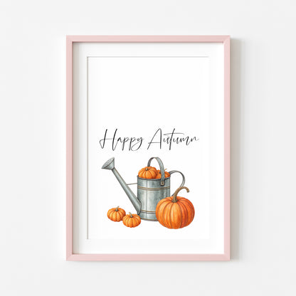 Autumn print, Happy Autumn Orange Pumpkins watercolour unframed wall art poster