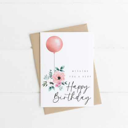 Happy Birthday, wishing you a very happy birthday greetings card, pink floral balloon, pretty pink card, with envelope,kraft brown or white