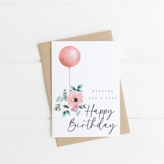 £1 CARD SALE - Happy Birthday pink floral balloon