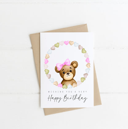 Happy Birthday,wishing you a very happy birthday greetings card, pink bow cute bear & hearts pretty card, with envelope,kraft brown or white