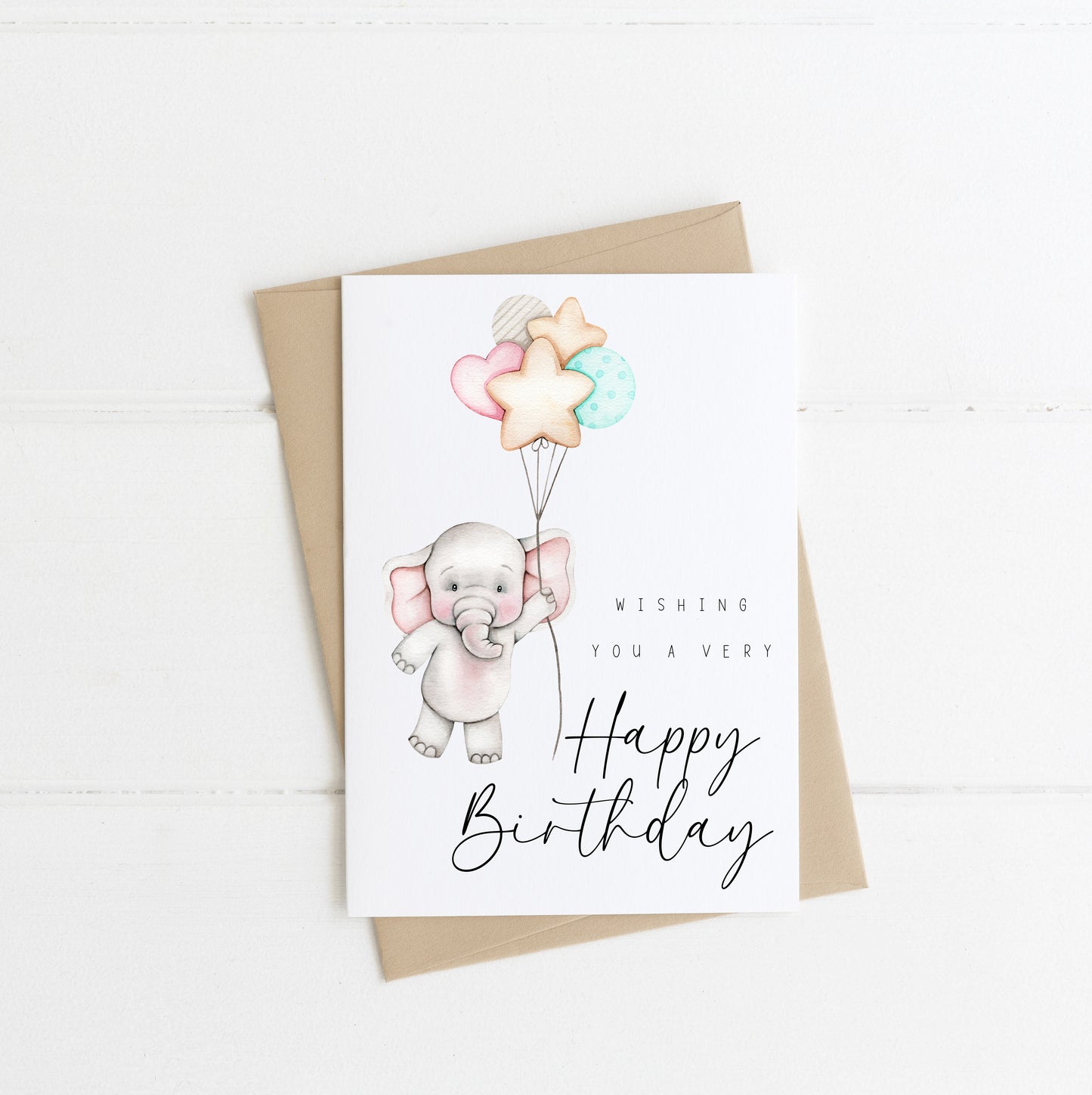 Happy Birthday, wishing you a very happy birthday greetings card, cute elephant + balloons, pretty card, with envelope,kraft brown or white