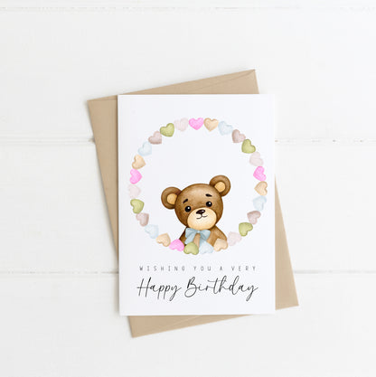 Happy Birthday,wishing you a very happy birthday greetings card, blue bow cute bear & hearts pretty card, with envelope,kraft brown or white