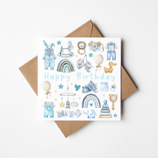 Kids blue Birthday card, Happy Birthday kids blue pretty baby toys kids baby boy birthday toy themed unique birthday card with envelope