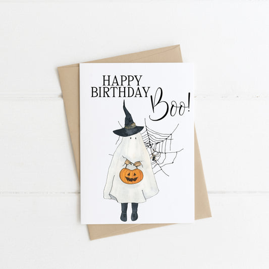 Halloween Birthday card Happy Birthday BOO trick or treat ghost watercolour funny halloween birthday card with envelope kraft brown or white