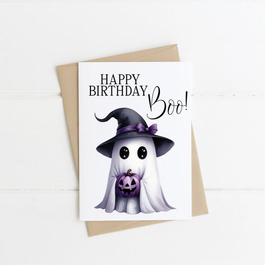 Halloween Birthday card, Happy Birthday BOO cute purple ghost watercolour funny halloween birthday card with envelope,kraft brown or white