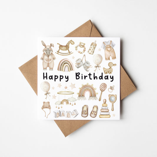 Kids neutral Birthday card, Happy Birthday kids neutral boho wooden toys boys girls birthday toy themed unique birthday card with envelope