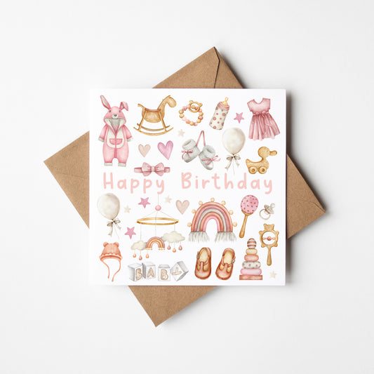 Kids pink Birthday card, Happy Birthday kids pink pretty girls baby boho girls hearts birthday toy themed unique birthday card with envelope