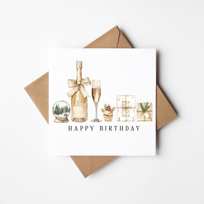 Christmas Birthday Card Beige Winter seasonal Theme with envelope