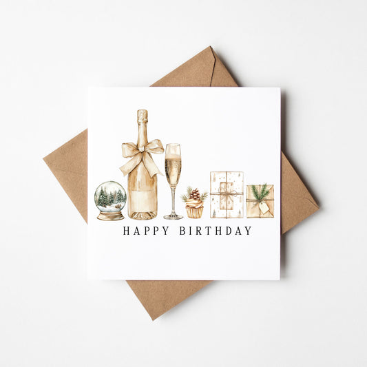Christmas Birthday Card Beige Winter seasonal Theme with envelope