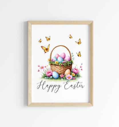 Floral Easter Basket Print Watercolour bright Spring Decor unframed wall art poster
