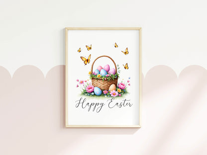 Floral Easter Basket Print Watercolour bright Spring Decor unframed wall art poster