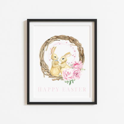 Happy Easter easter bunny pink watercolour wreath & pink flowers seasonal unframed wall art poster print
