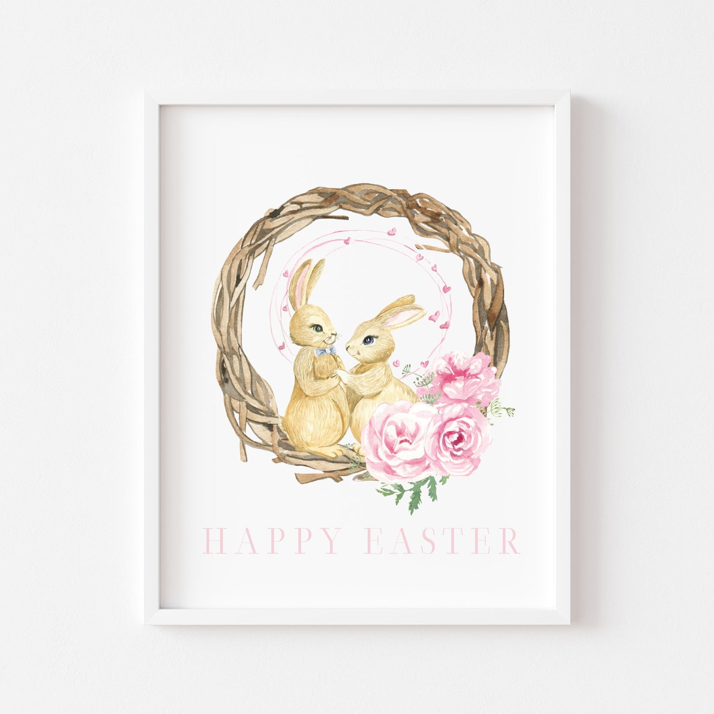 Happy Easter easter bunny pink watercolour wreath & pink flowers seasonal unframed wall art poster print