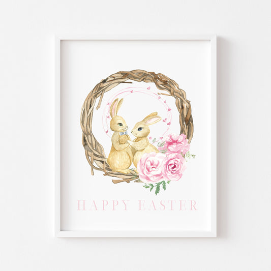 Happy Easter easter bunny pink watercolour wreath & pink flowers seasonal unframed wall art poster print