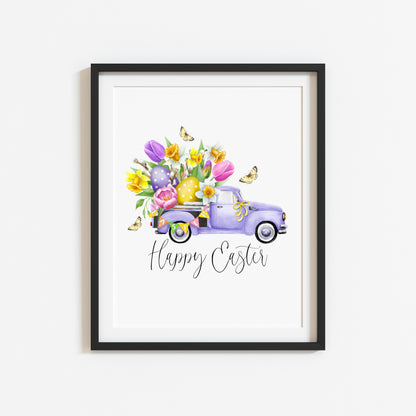 Happy Easter purple floral spring truck bedroom, home seasonal unframed wall art poster print