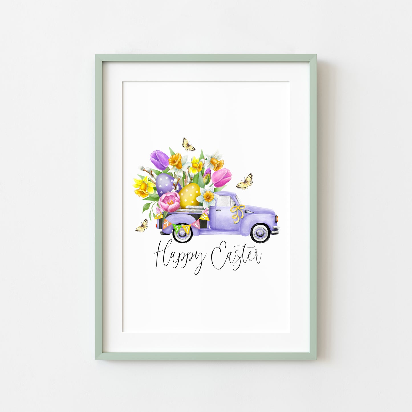 Happy Easter purple floral spring truck bedroom, home seasonal unframed wall art poster print