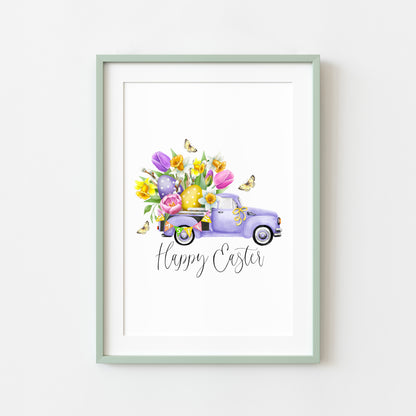 Happy Easter purple floral spring truck bedroom, home seasonal unframed wall art poster print