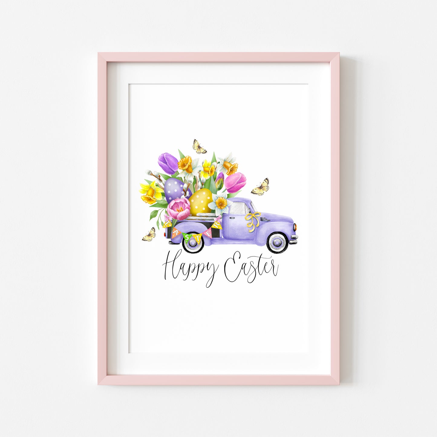 Happy Easter purple floral spring truck bedroom, home seasonal unframed wall art poster print