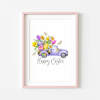 Happy Easter purple floral spring truck bedroom, home seasonal unframed wall art poster print