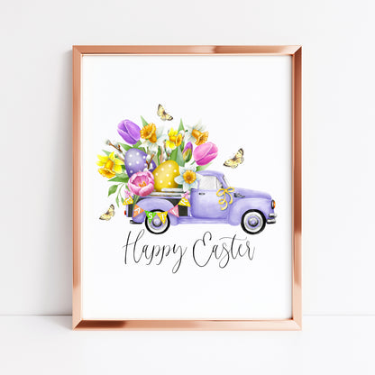 Happy Easter purple floral spring truck bedroom, home seasonal unframed wall art poster print