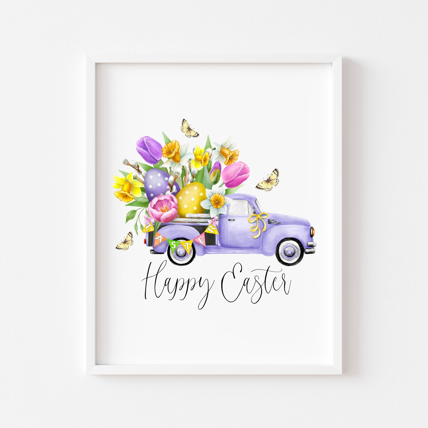 Happy Easter purple floral spring truck bedroom, home seasonal unframed wall art poster print