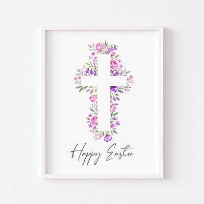 Floral Easter cross Print Watercolour pink & purple Spring Decor unframed wall art poster