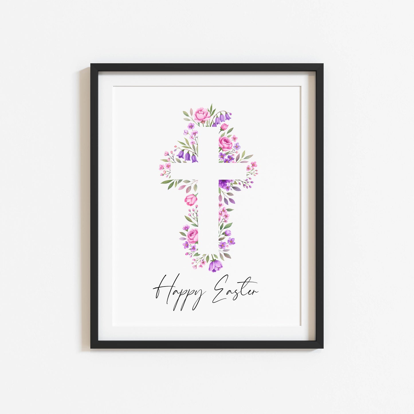 Floral Easter cross Print Watercolour pink & purple Spring Decor unframed wall art poster