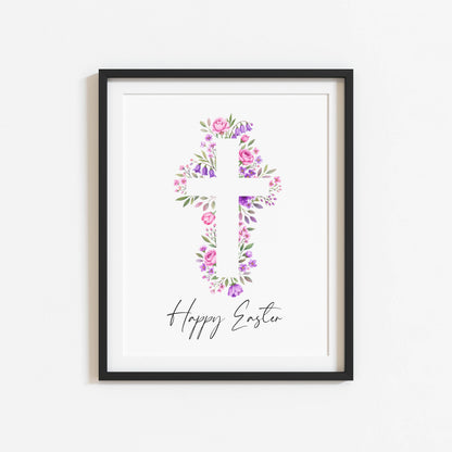 Floral Easter cross Print Watercolour pink & purple Spring Decor unframed wall art poster
