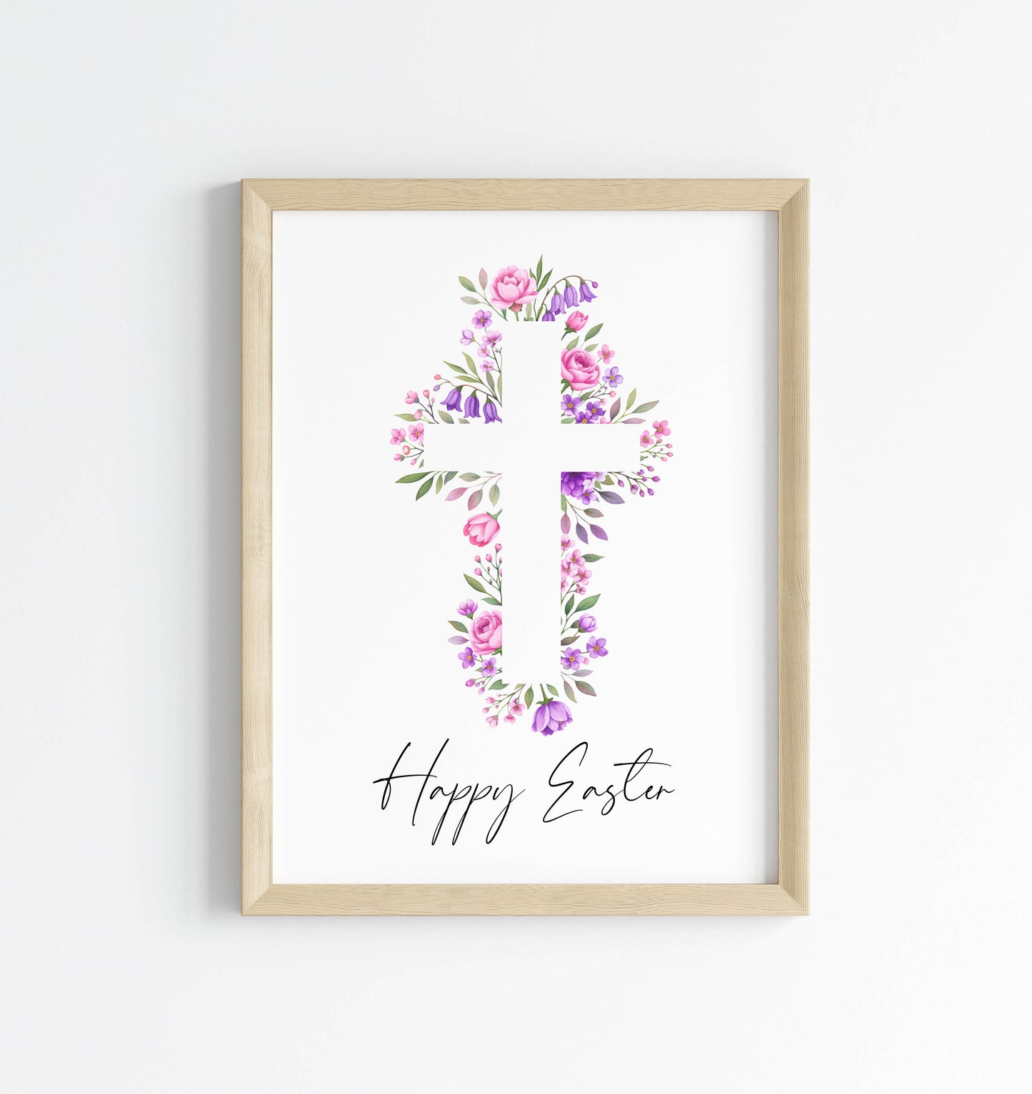 Floral Easter cross Print Watercolour pink & purple Spring Decor unframed wall art poster