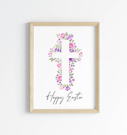 Floral Easter cross Print Watercolour pink & purple Spring Decor unframed wall art poster