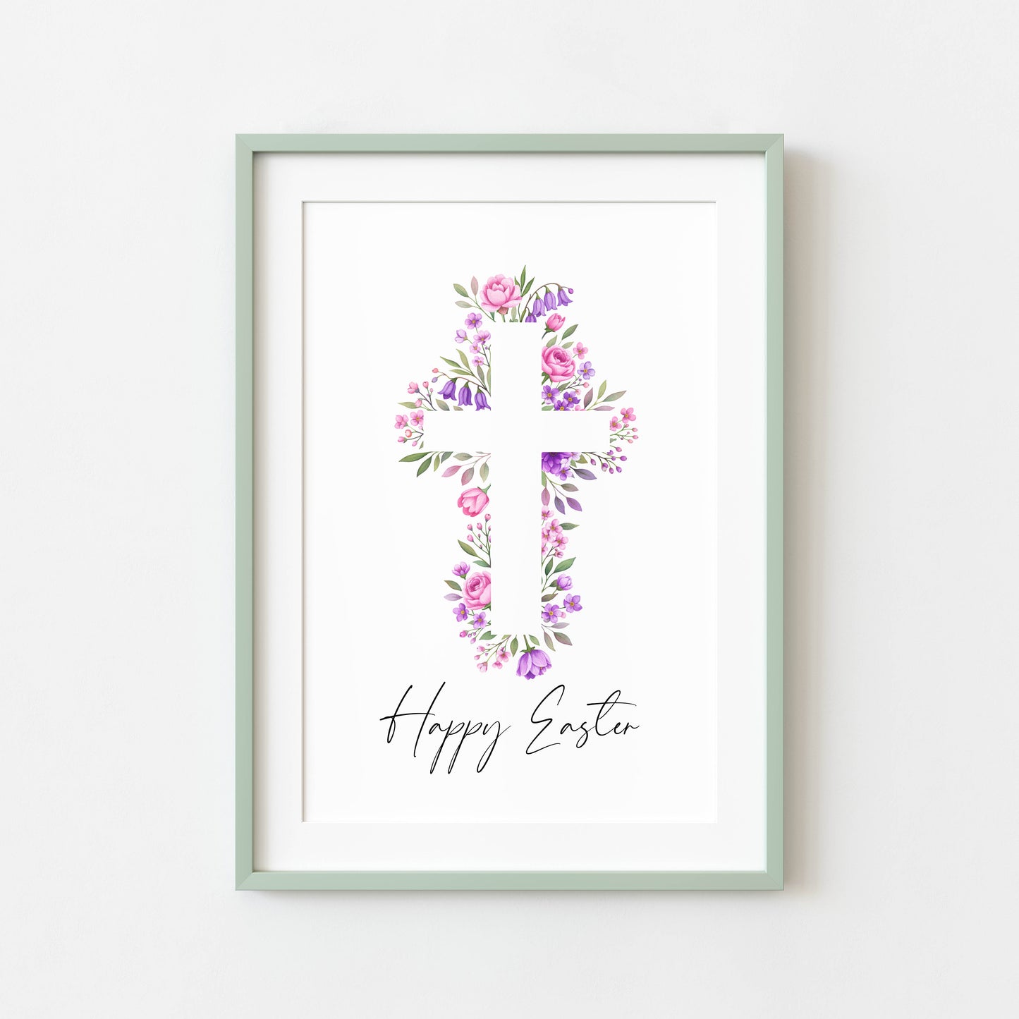 Floral Easter cross Print Watercolour pink & purple Spring Decor unframed wall art poster