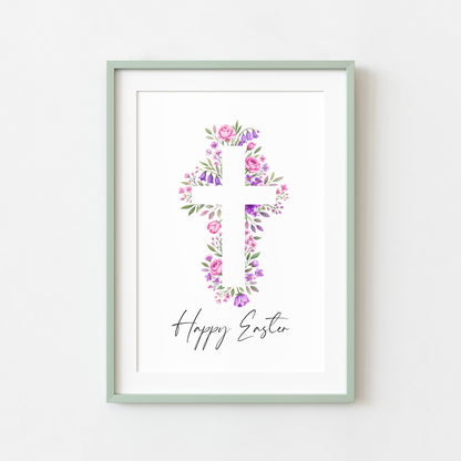 Floral Easter cross Print Watercolour pink & purple Spring Decor unframed wall art poster