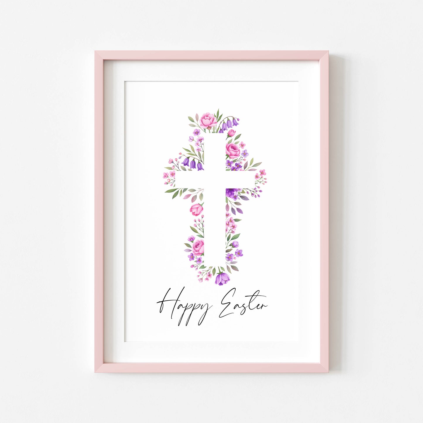 Floral Easter cross Print Watercolour pink & purple Spring Decor unframed wall art poster