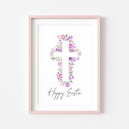 Floral Easter cross Print Watercolour pink & purple Spring Decor unframed wall art poster